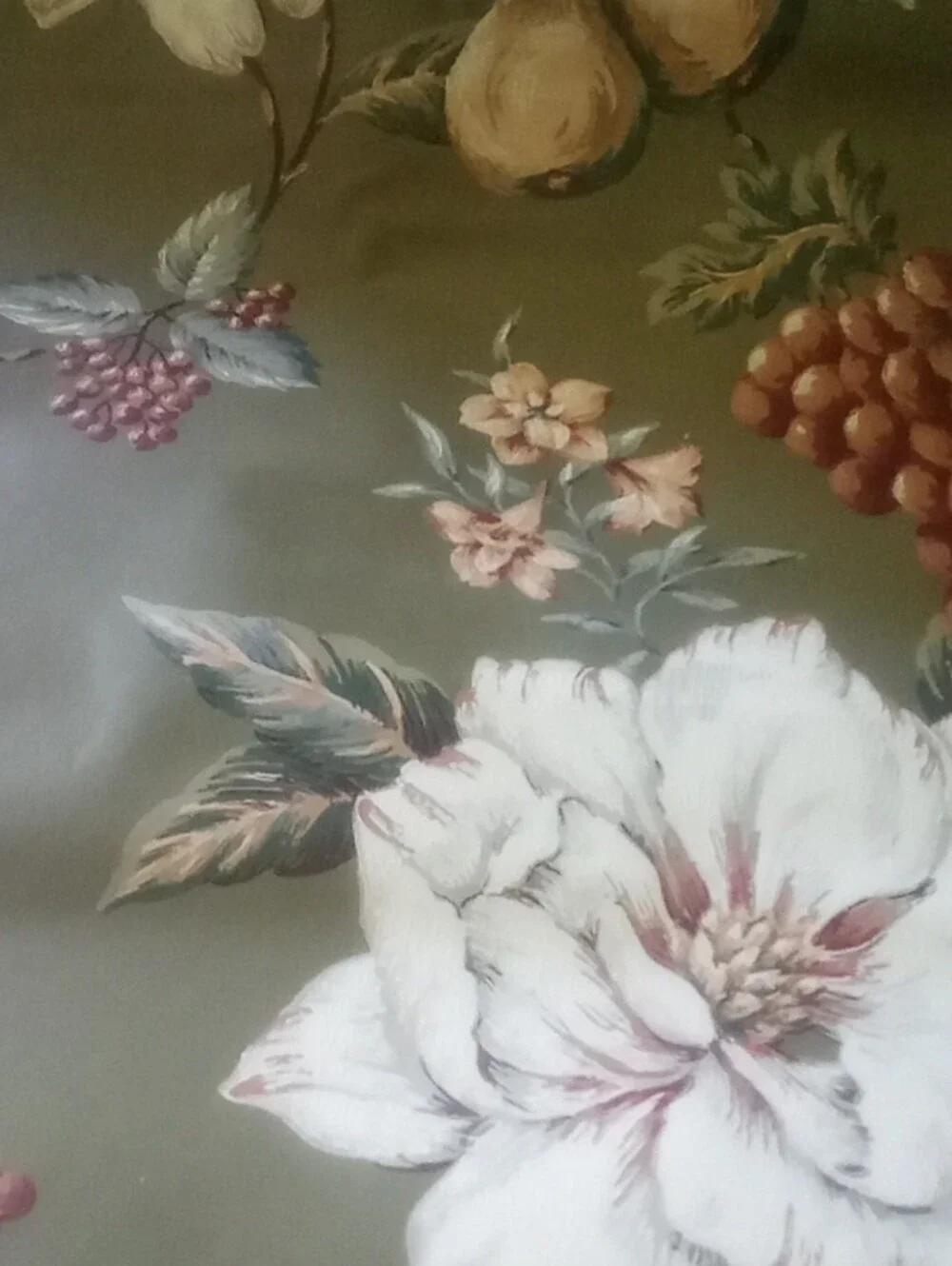 Botanical Floral Wallpaper in Olive Green with White and Pink Accents